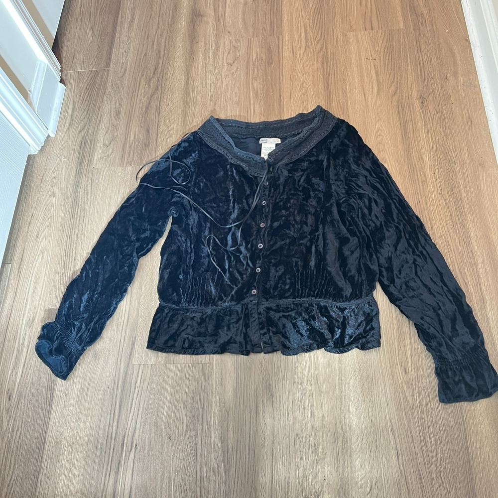Faded Glory XL Black Crushed Velvet Velour Peplum Top Lace Trim Whimsigoth